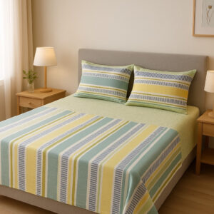Juego de sábanas-144 Hilos - Rayas Amarillo, azul y verde - Reyco