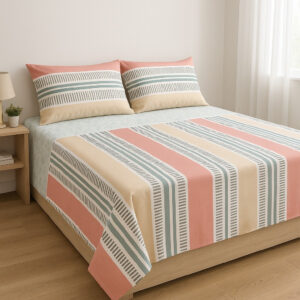 Juego de sábanas-144 Hilos - Rayas Salmón, verde y crema - Reyco